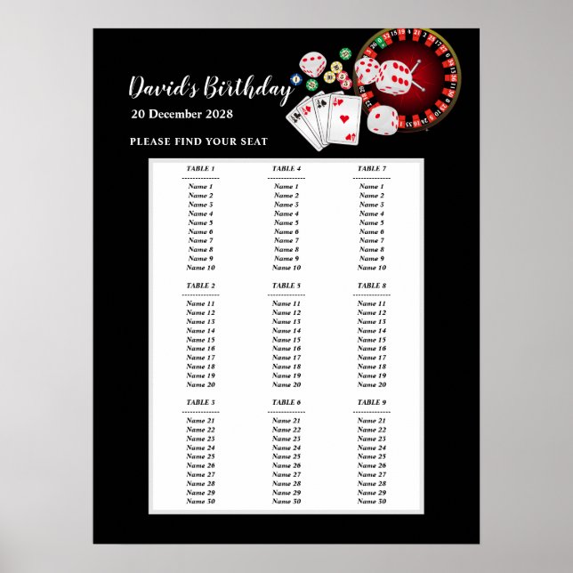 Poster letreiro de assentos para festa de CASINO, assento (Frente)