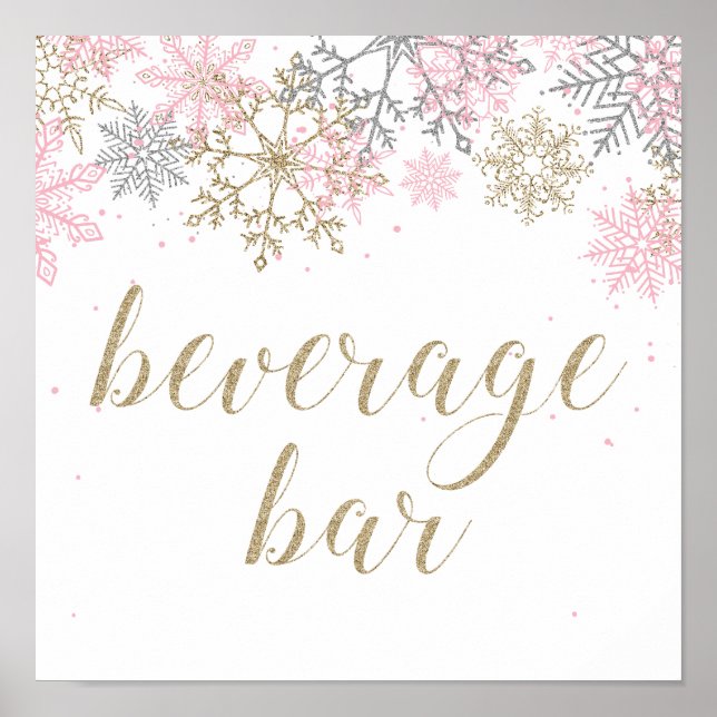 Poster Letreiro de Bar de Bebidas Winter Onederland Rosa  (Frente)