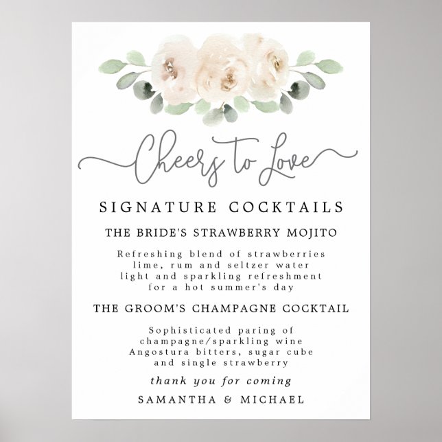 Poster Letreiro de Bar de Casamento White Rose Botanical  (Frente)