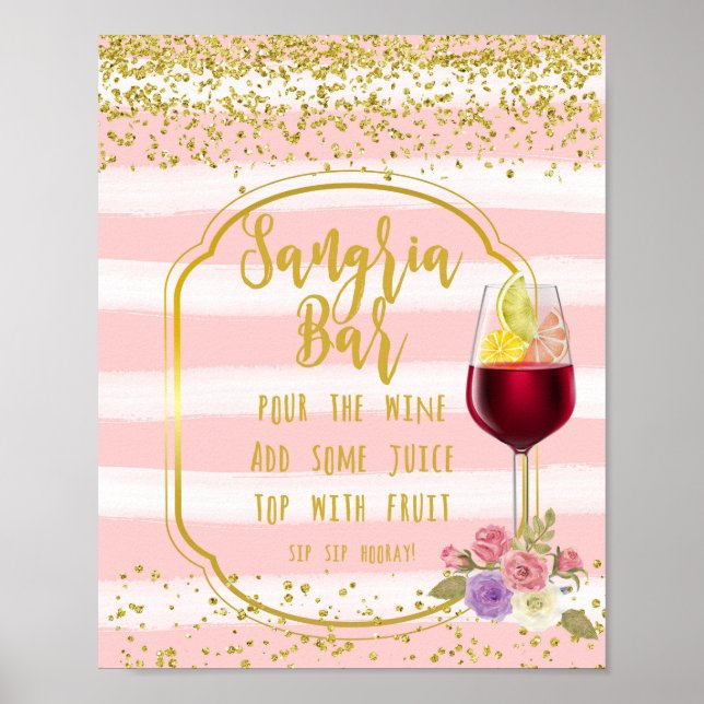 Póster letreiro de bar sangria confetes rosa e dourado (Frente)