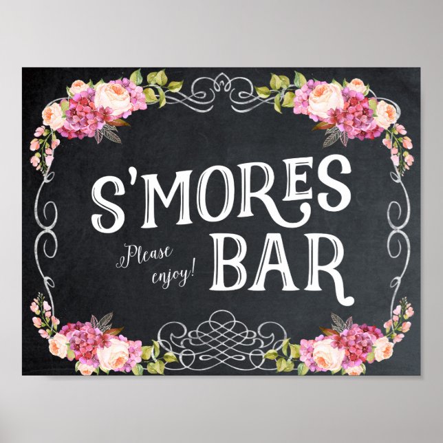 Póster letreiro de barra de smores quadro negro floral (Frente)