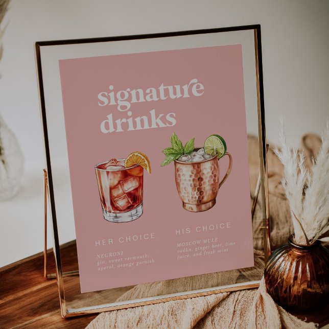 Poster Letreiro de Bebidas com Assinatura Rosa Verão Retr (Retro Summer Pink Watercolor Signature Drinks Sign)