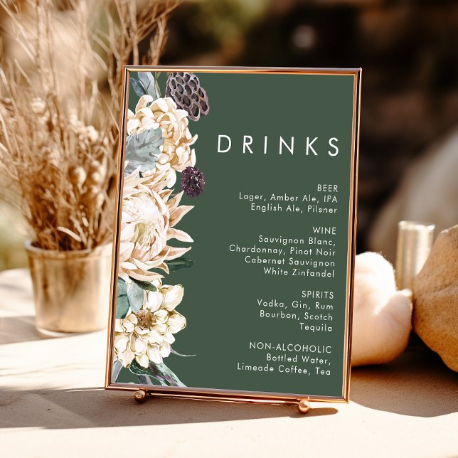 Poster Letreiro de Bebidas de Casamento Floral Branco | V (Criador carregado)