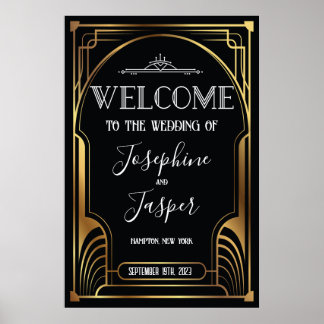 Poster Letreiro de Boas-Vindas Art Déco Preto e Dourado d