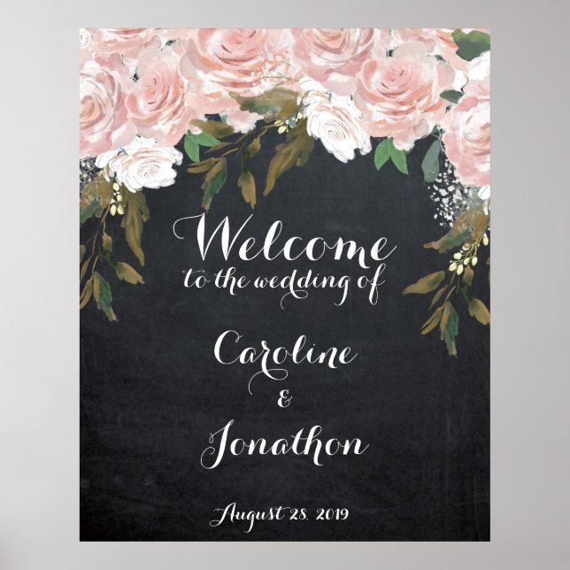 Poster Letreiro de boas-vindas de casamento com floral ro (Frente)