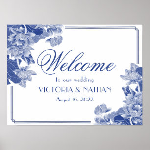 Poster Letreiro de Boas-Vindas de Casamento com Flores Az