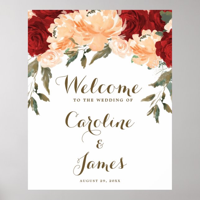 Poster Letreiro de boas-vindas de casamento com flores ve (Frente)