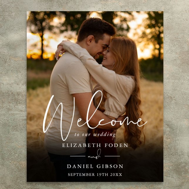 Poster Letreiro de Boas-Vindas de Casamento com Foto em E (Elegant Script Photo Wedding Welcome Sign)