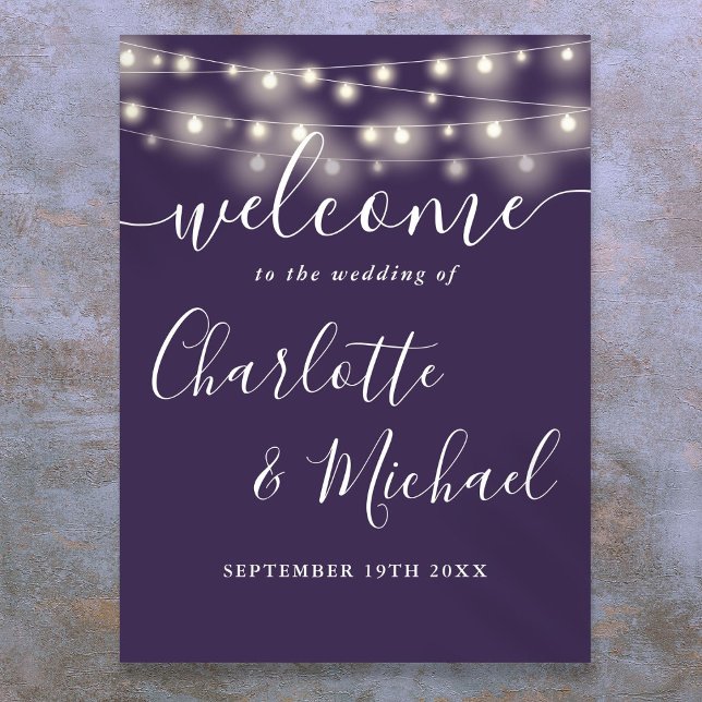 Poster Letreiro de Boas-Vindas de Casamento com Luzes de  (Purple String Lights Wedding Welcome Sign)