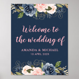 Poster letreiro de boas-vindas de casamento rosa flor de