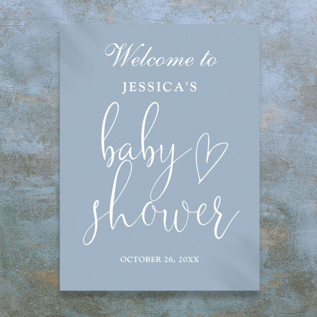 Poster Letreiro de Boas-Vindas de Chabá de Bebê em Azul E (Elegant Script Dusty Blue Baby Shower Welcome Sign)