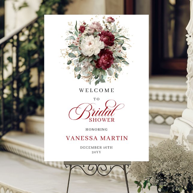 Poster Letreiro de Boas-Vindas de Noiva com Floral Vermel (Maroon Floral Eucalyptus Gold Bridal Welcome Sign

)