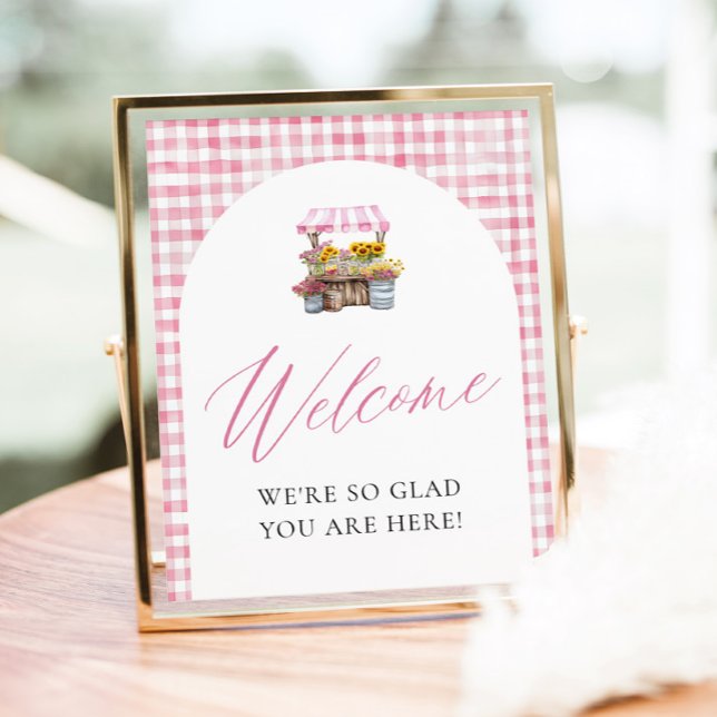 Poster Letreiro de Boas-Vindas Gingham Rosa Fresh Off The (Pink Gingham Fresh Off The Market Welcome Sign)