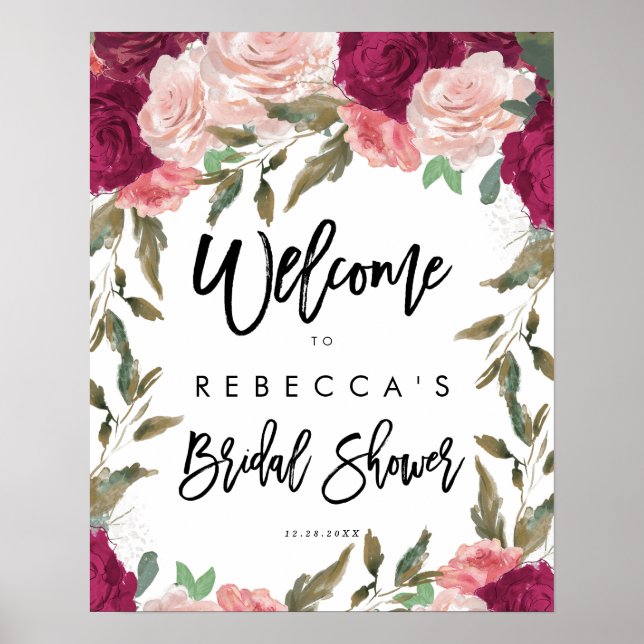 Poster letreiro de boas-vindas para chá de noiva com flor (Frente)