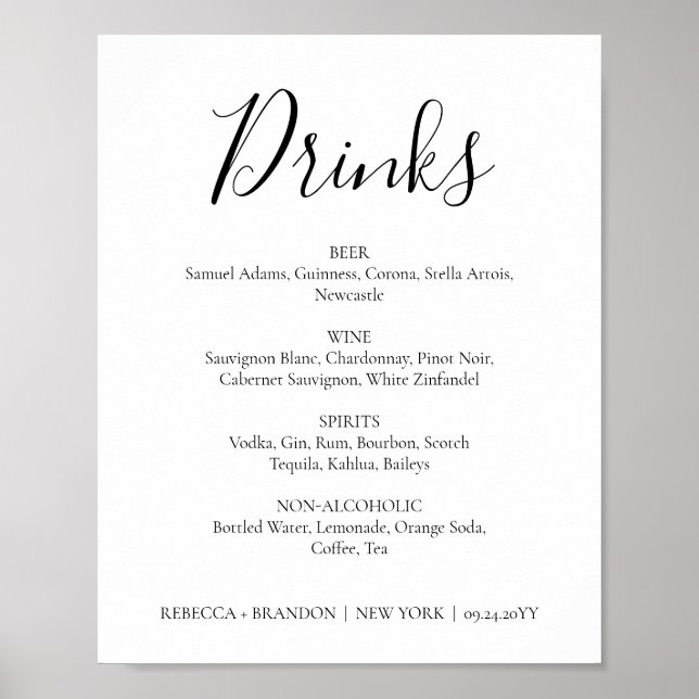 Poster Letreiro de Casamento de Bebidas Caligrafia Simple (Frente)