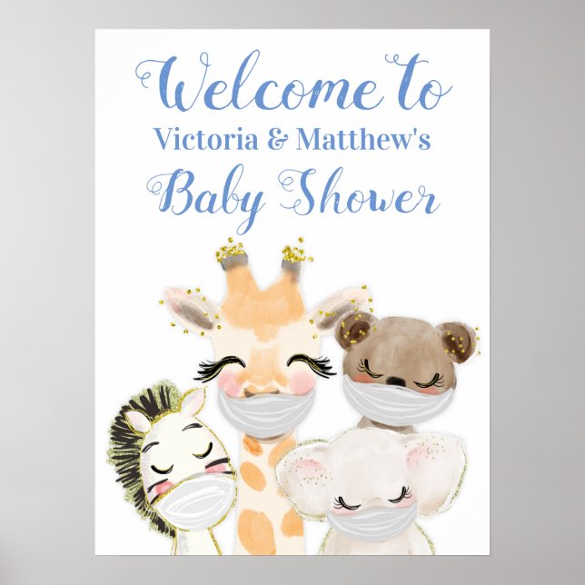 Poster Letreiro de Chá de Bebê com Animais Meninos com Má (Frente)