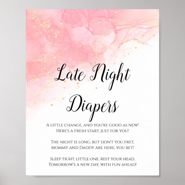 Poster Letreiro de Chá de Bebê Fraldas para a Noite Rosa  (Frente)