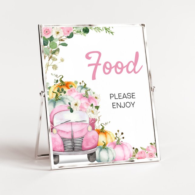 Poster Letreiro de Comida de Caminhão Rosa com Abóbora de (Little Pumpkin Pink Truck Baby Shower Food Sign)