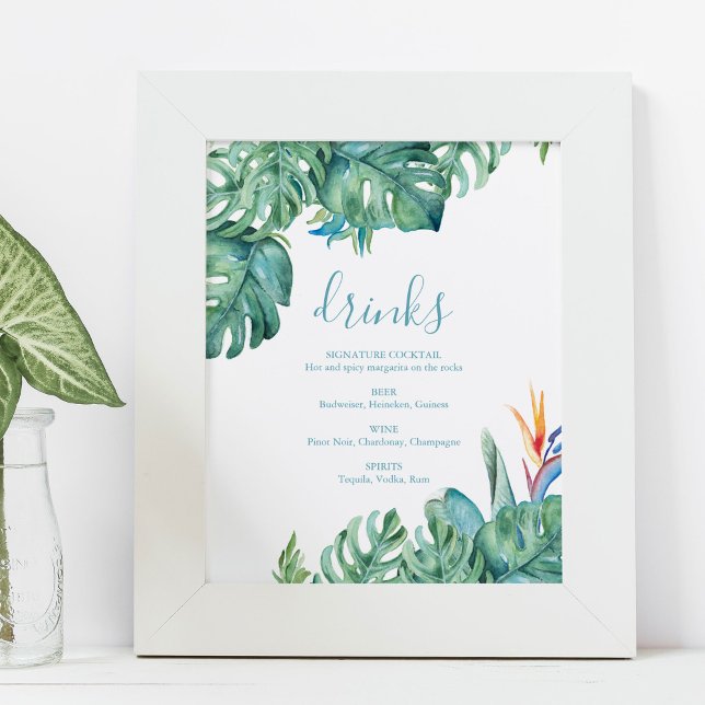 Poster Letreiro de Coquetéis de Casamento na Praia com Te (Tropical menus signature drink sign features monstera palm leaves and flowers.)