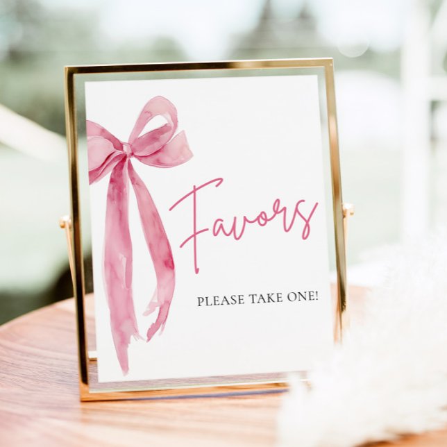Poster Letreiro de Favoritos com Laço Rosa Elegante Aquar (Watercolor Elegant Blush Pink Bow Favors Sign)