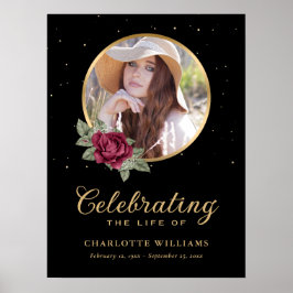 Poster Letreiro de Funeral Floral Preto Borgonha Dourado