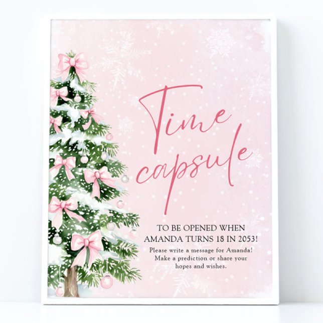 Poster Letreiro de Jogo Cápsula do Tempo da Árvore de Nat (Pink Bows Christmas Tree Time Capsule Game Sign)
