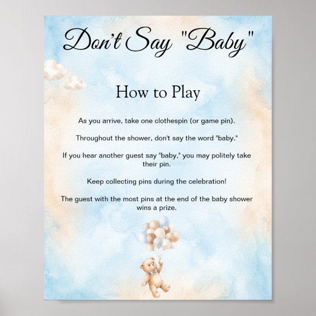 Poster Letreiro de Jogo de Chá de Bebê Urso de Pelúcia Nã (Frente)