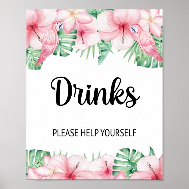 Poster Letreiro de Mesa de Bebidas Floral Rosa Tropical (Frente)