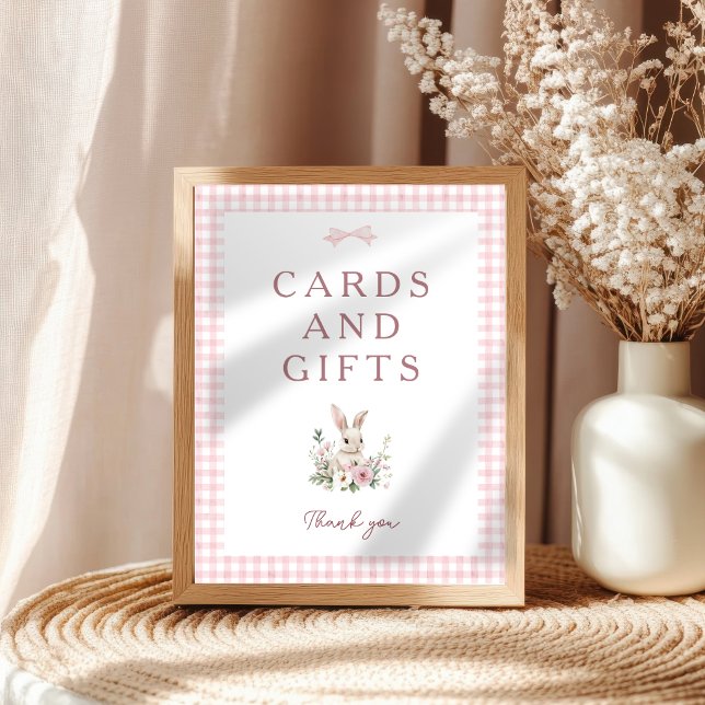 Poster Letreiro de Mesa de Chuvinha Rosa de Coelhinho Vin (Vintage Bunny Pink Bow Gingham Girl Baby Shower Tabletop Sign)