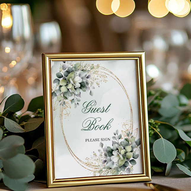 Poster Letreiro de Mesa de Livro de Visitas Botânico em V (Dusty Green Botanical Guest Book Tabletop Sign)