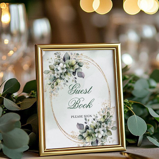 Poster Letreiro de Mesa de Livro de Visitas de Verde Desb (Dusty Green Greenery Guest Book Tabletop Sign)