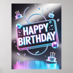 Poster Letreiro de Neon 3D "Feliz Aniversário" Futurista