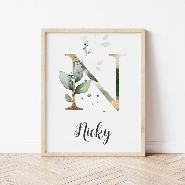 Poster Letreiro de Nome de Berçário Greenery com Monogram (Criador carregado)