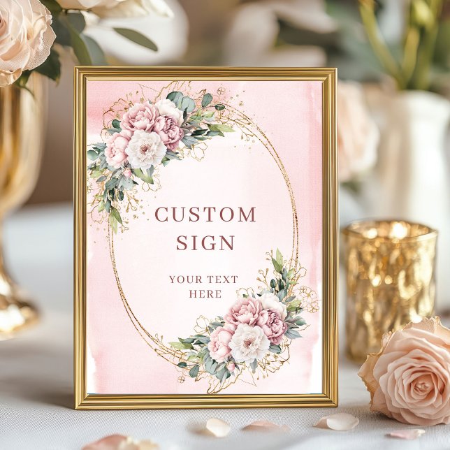 Poster Letreiro Personalizado de Flores Água-Marinha em D (Luxury Watercolor Rose Gold Floral Custom Sign)