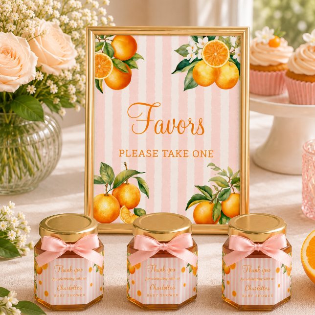 Poster Letreiro Personalizado para Chá de Bebê com Citrin (Pink and Citrus Orange Floral Baby Shower Custom sign, Favor Please take one)
