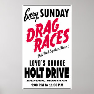 Póster Letreiro Vintage Holt Drive Drag Races branco
