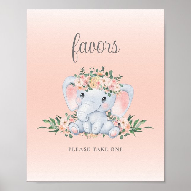 Poster Letrero de Favores para Fiesta de Bebé de Elefante (Frente)