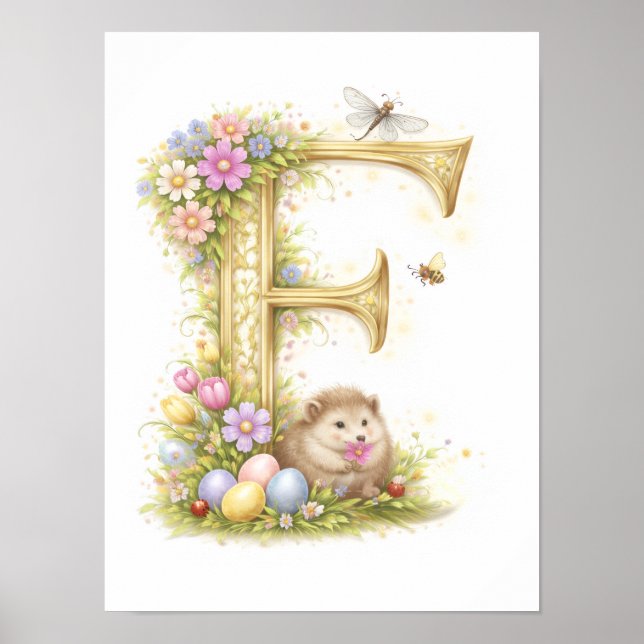 Poster Letter F Gold Spring Nature Monogram Hedgehog Kids (Frente)