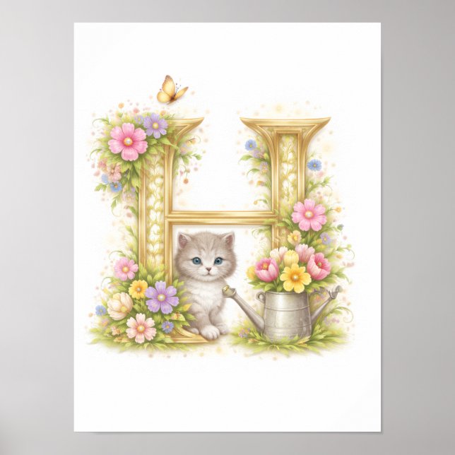 Poster Letter H Gold Spring Nature Monogram Kitten Kids  (Frente)