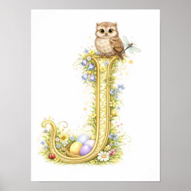 Poster Letter J Gold Spring Nature Monogram Owl Kids  (Frente)