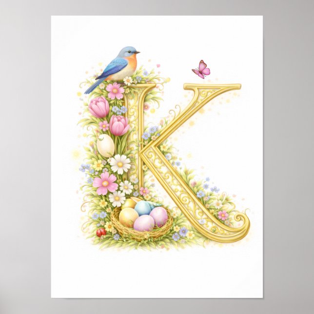 Poster Letter K Gold Spring Nature Monogram Bluebird Kids (Frente)