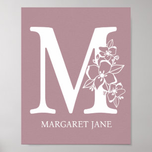 Poster Letter M Floral Monogram Name Nursery Modern 