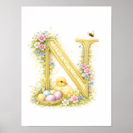Poster Letter N Gold Spring Nature Monogram Duckling Kids
