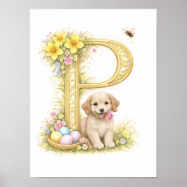Poster Letter P Gold Spring Nature Monogram Kids Puppy 