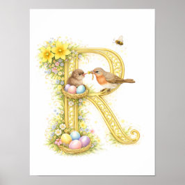Poster Letter R Gold Spring Nature Monogram Robins Kids 