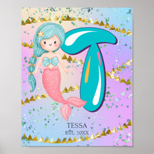 Poster Letter T Monogram Watercolor Cute Mermaid Nursery