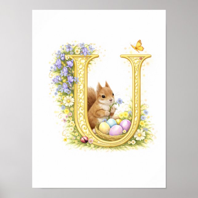 Poster Letter U Gold Spring Nature Monogram Squirrel Kids (Frente)