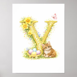 Poster Letter Y Gold Spring Nature Monogram Kitten Kids 
