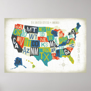 Póster Letterpress USA Map