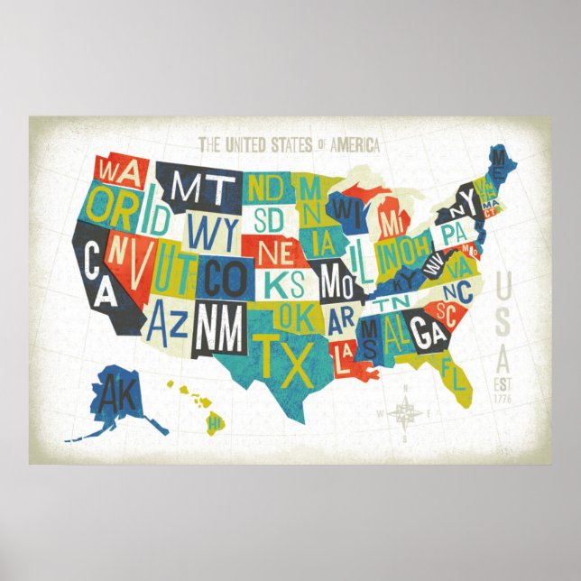 Póster Letterpress USA Map (Frente)